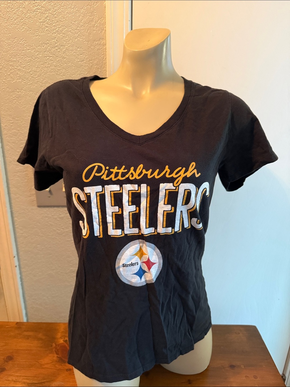 Fanatics Pittsburgh Steelers Black V-Neck Tee with Gold & White Logo